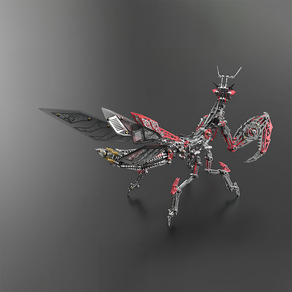 Dynamic mechanical praying mantis metal model with spread wings, a striking black, red, and silver DIY 3D puzzle. This intricate Metal Kits figure makes a unique and funny table display, perfect for those who appreciate detailed metal model craftsmanship.