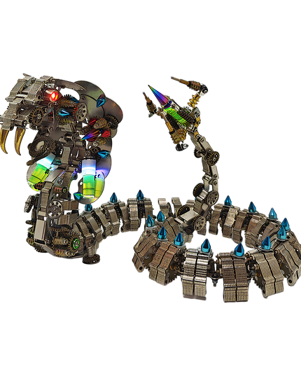Steampunk Mechanical Cobra 3D Puzzle Metal Kit - A grand fun toy for mechanics and art connoisseurs, this DIY-assembled piece features a single mechanical cobra in a dynamic, coiled pose, with glowing red eyes, intricate gears, colorful articulated components, and spiked metallic scales. It embodies "a fusion of mechanical complexity and reptilian drama", challenging you to craft a large-scale piece of artistry with precision.