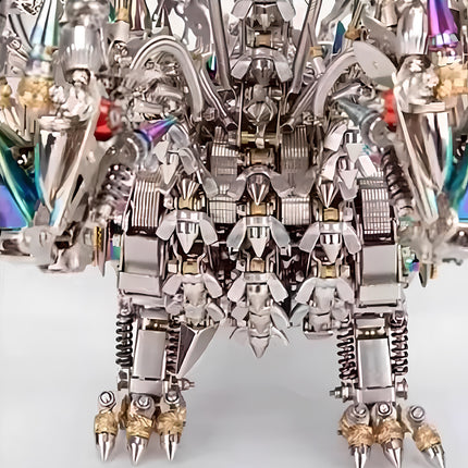  Frontal close-up of a majestic mechanical dragon's body and powerful legs, highlighting the intricate paneling and robust construction of this metallic 3D puzzle, a premium metal model kit.