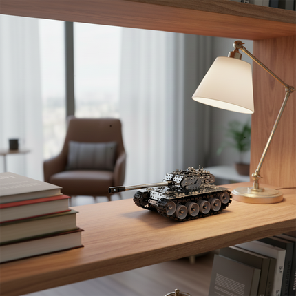 This Mechanical Tank 3D Metal Puzzle Kit features a detailed design with interlocking metallic components and realistic tank tracks. Showcased on a wooden shelf in a sophisticated living space, it blends mechanical engineering aesthetics with a realistic tank form. Serving as a distinctive display piece, it adds a touch of mechanical artistry and hobbyist charm to your home decor, ideal for enthusiasts and those seeking a unique decorative element in their living area.