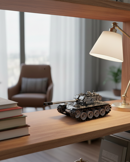 This Mechanical Tank 3D Metal Puzzle Kit features a detailed design with interlocking metallic components and realistic tank tracks. Showcased on a wooden shelf in a sophisticated living space, it blends mechanical engineering aesthetics with a realistic tank form. Serving as a distinctive display piece, it adds a touch of mechanical artistry and hobbyist charm to your home decor, ideal for enthusiasts and those seeking a unique decorative element in their living area.