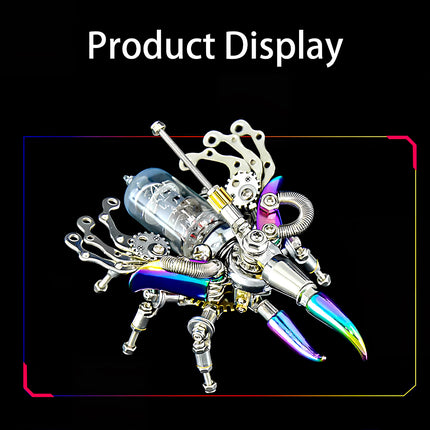 Product display of the "Mechanical Dazzling Armor" beetle mech metal model, a vibrant 3D puzzle showcasing steampunk design and iridescent parts.