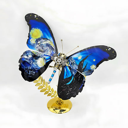 An artistic steampunk puzzle, this mechanical butterfly features captivating wings adorned with Van Gogh's "The Starry Night" painting, elegantly displayed on a golden stand. As a unique metal model, it beautifully merges art with intricate mechanical steampunk design. This piece serves as an exceptional 3D puzzle Metal Kit for art lovers and hobbyists, or a distinctive steampunk mech decorative item that truly stands out.