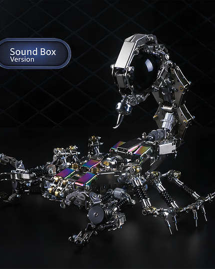 Table Funny Steampunk Mechanical Scorpion 3D Puzzle Metal Kit (Sound Box Version) - A cutting-edge project for mechanics, steampunk enthusiasts, and audio-tech lovers, this creation presents a mechanical scorpion with metallic components, intricate gear-driven mechanisms, and futuristic-vintage design integrated with a sound box. Set against a sleek black backdrop to highlight its polished, tech-infused artistry, it’s a desk-centerpiece-worthy Table Funny signature piece that blends engineering precision