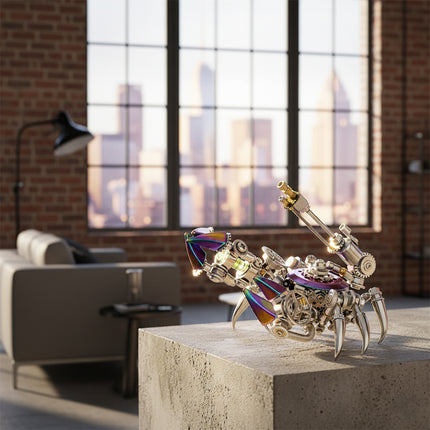 A striking steampunk mech crab maquette en metal with shimmering iridescent elements, expertly crafted as a 3D metal model kit. It is showcased on a concrete block in a modern loft apartment with a city skyline view, offering a fascinating steampunk puzzle experience.