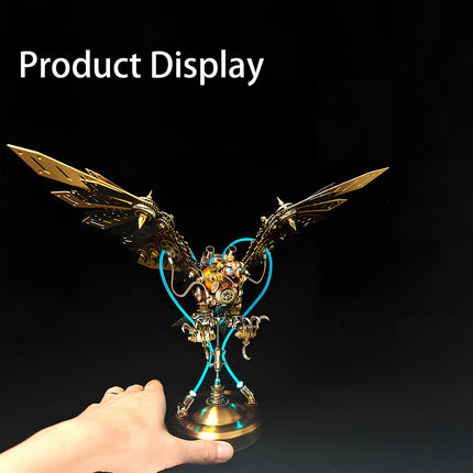 Hand presenting a steampunk winged mech metal model with glowing blue tubes, a showcase of a detailed 3D puzzle and mechanical steampunk product.