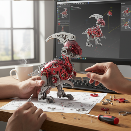  Hands assembling a detailed Parasaurolophus 3D puzzle metal model from a DIY metal kit, with the design software visible on a computer screen in the background. This engaging activity creates a funny table display.