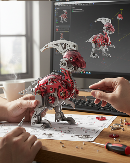  Hands assembling a detailed Parasaurolophus 3D puzzle metal model from a DIY metal kit, with the design software visible on a computer screen in the background. This engaging activity creates a funny table display.