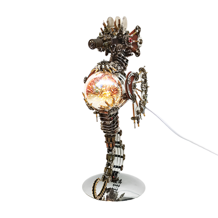 This Steampunk Mechanical Seahorse 3D Puzzle Metal Kit features an elaborate design, combining interlocking gears, mechanical components, and an illuminated spherical element with a radiant, fiery glow. The metallic textures, intricate gear arrangements, and the integrated lighting element create a striking visual appeal. Set on your funny table as a focal display, it blends steampunk industrial art with whimsical creativity—serving as both a challenging assembly project and a distinctive, luminous decorati