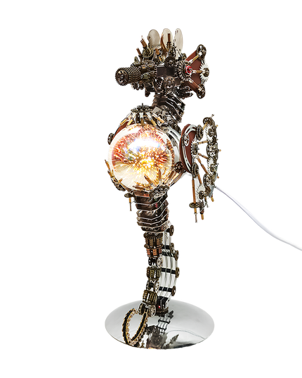This Steampunk Mechanical Seahorse 3D Puzzle Metal Kit features an elaborate design, combining interlocking gears, mechanical components, and an illuminated spherical element with a radiant, fiery glow. The metallic textures, intricate gear arrangements, and the integrated lighting element create a striking visual appeal. Set on your funny table as a focal display, it blends steampunk industrial art with whimsical creativity—serving as both a challenging assembly project and a distinctive, luminous decorati