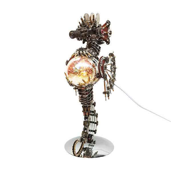 This Steampunk Mechanical Seahorse 3D Puzzle Metal Kit features an elaborate design, combining interlocking gears, mechanical components, and an illuminated spherical element with a radiant, fiery glow. The metallic textures, intricate gear arrangements, and the integrated lighting element create a striking visual appeal. Set on your funny table as a focal display, it blends steampunk industrial art with whimsical creativity—serving as both a challenging assembly project and a distinctive, luminous decorati