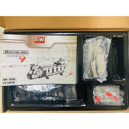 Unboxed "Micro Steel World" SW-056 3D puzzle metal kit with 1413 pieces, showing instruction manual and organized components. This metal model provides an extensive mechanical steampunk building experience.