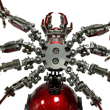  Close-up of the red mechanical spider metal model's top and leg connections, emphasizing its radial mechanical steampunk legs and complex articulated joints. This 3D puzzle metal kit provides intricate details for a challenging steampunk puzzle.