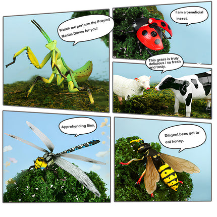 The image displays various 3D animal models, including mantises, ladybugs, dragonflies, and wasps, perfect for engaging tabletop storytelling displays or educational DIY metal kit projects.