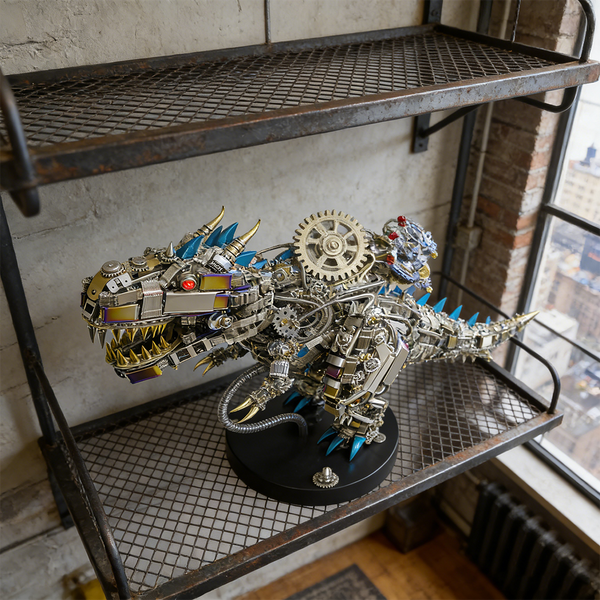 Massive mechanical steampunk T-Rex 3D puzzle metal kit with intricate gear mechanisms, displayed on an industrial metal shelf. This detailed steam punk mech is a show-stopping metal model, offering a complex steampunk puzzle experience for serious collectors and fans of mechanical steampunk art.