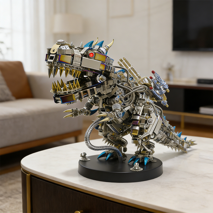 Impressive mechanical steampunk Tyrannosaurus Rex 3D puzzle metal kit, showcasing a detailed steam punk mech design. This robust metal model features intricate gears, sharp teeth, and vibrant accents, making it an imposing steampunk puzzle display piece perfect for collectors of mechanical steampunk art.