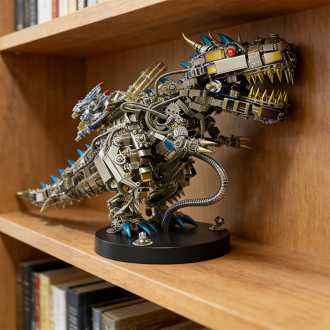Ferocious mechanical steampunk T-Rex 3D puzzle metal kit with glowing red eyes, displayed proudly on a wooden bookshelf. This intricate steam punk mech model is a challenging steampunk puzzle, featuring detailed metallic components and a powerful design, ideal for enthusiasts of mechanical steampunk dinosaurs and advanced metal kits.