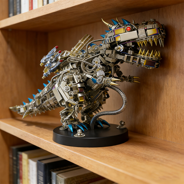 Ferocious mechanical steampunk T-Rex 3D puzzle metal kit with glowing red eyes, displayed proudly on a wooden bookshelf. This intricate steam punk mech model is a challenging steampunk puzzle, featuring detailed metallic components and a powerful design, ideal for enthusiasts of mechanical steampunk dinosaurs and advanced metal kits.
