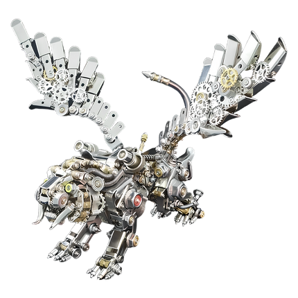 Steampunk Mechanical Winged Saber-Toothed Tiger Artwork - A stunning industrial collectible for steampunk fans, mechanical design lovers, and puzzle enthusiasts, this is a winged saber-toothed tiger-themed artwork assembled from 3D Puzzle Metal Kits. It features a silver-gold metallic structure (built with precision gears, bolts, and articulated joints), extendable mechanical wings (adorned with exposed gear details), lifelike saber-tooth & limb details, and flexible poseable parts (wings/limbs/tail)