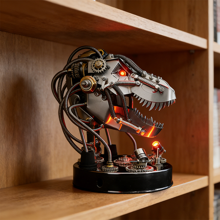 Illuminated mechanical steampunk T-Rex head 3D puzzle metal kit with glowing red eyes and internal lighting, displayed on a wooden shelf. This intricate steam punk mech model is a captivating steampunk puzzle, featuring detailed gears and wiring, making it a unique metal model and a conversation piece for any room.