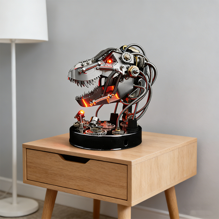 Striking mechanical steampunk T-Rex head 3D puzzle metal kit with glowing red eyes and internal illumination, serving as a unique desk lamp. This captivating metal model is a fantastic steampunk puzzle, featuring exposed wiring and intricate gears, perfect for adding a bold mechanical steampunk touch to any study or office.