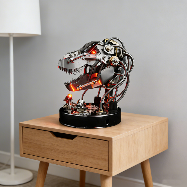 Striking mechanical steampunk T-Rex head 3D puzzle metal kit with glowing red eyes and internal illumination, serving as a unique desk lamp. This captivating metal model is a fantastic steampunk puzzle, featuring exposed wiring and intricate gears, perfect for adding a bold mechanical steampunk touch to any study or office.