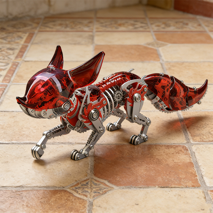 Dynamic mechanical steampunk fox 3D puzzle metal kit with transparent red and metallic silver details, positioned on a tiled floor. This advanced metal model offers a unique steampunk puzzle, showcasing intricate internal mechanisms and a modern aesthetic, perfect for collectors of innovative mechanical steampunk creations.
