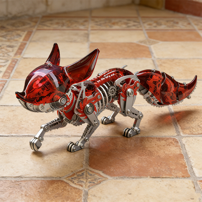 Dynamic mechanical steampunk fox 3D puzzle metal kit with transparent red and metallic silver details, positioned on a tiled floor. This advanced metal model offers a unique steampunk puzzle, showcasing intricate internal mechanisms and a modern aesthetic, perfect for collectors of innovative mechanical steampunk creations.