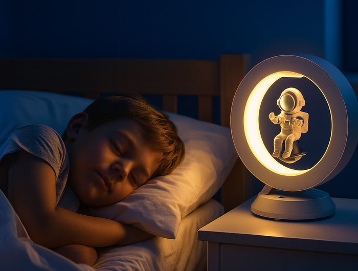 The child sleeps soundly in bed, while a warm-toned magnetic levitation astronaut night light rests on the nightstand, floating within a white ring—a magnetic levitation children's bedside ambiance lamp