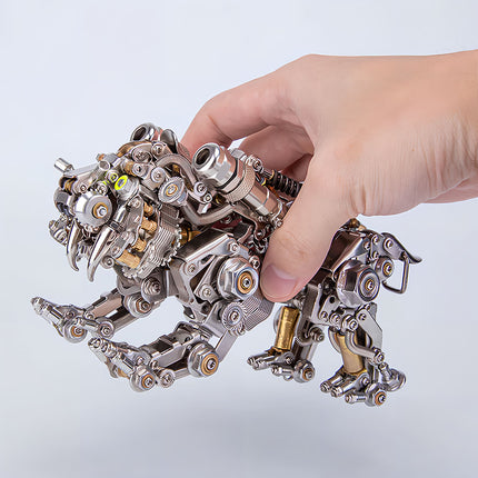  Hand holding an intricate metal model saber-toothed tiger, emphasizing its detailed mechanical steampunk design. This steam punk mech is a fascinating 3D puzzle and a remarkable metal kit.