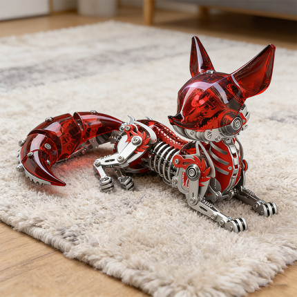 Elegant mechanical steampunk fox 3D puzzle metal kit with transparent red and metallic silver components, resting on a plush white rug. This unique metal model is a modern steampunk puzzle, featuring exposed skeletal and gear-like details, making it a sophisticated addition to any collection of mechanical steampunk art or contemporary decor.