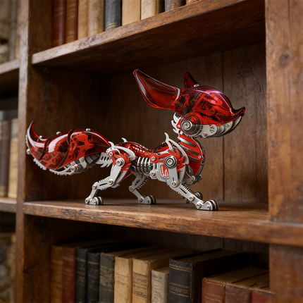 Sleek mechanical steampunk fox 3D puzzle metal kit with striking translucent red accents and white metallic components, displayed on a wooden bookshelf. This unique metal model represents a modern steampunk puzzle, combining intricate mechanical details with a futuristic aesthetic, perfect for collectors of innovative mechanical steampunk designs.