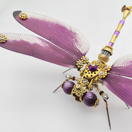 DIY 3D Puzzle Metal Kits - Lavishly Ornate Steampunk Dragonfly Metal Model: Iridescent Purple Veined Wings, Gilded Gearwork & Lustrous Amethyst Beads for Sophisticated Funny Table Decor