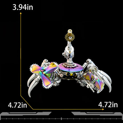 Front view of a mechanical crab metal model with iridescent claws and a central gear, a captivating 3D puzzle for mechanical steampunk enthusiasts.