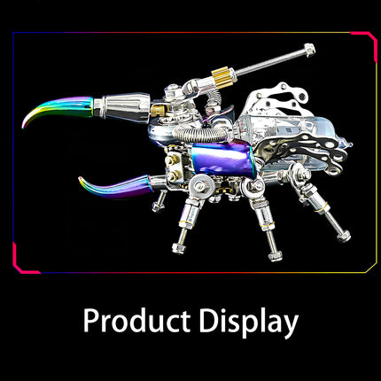  Product display featuring the side view of the "Mechanical Dazzling Armor" beetle mech metal model, a unique steampunk puzzle with iridescent elements.