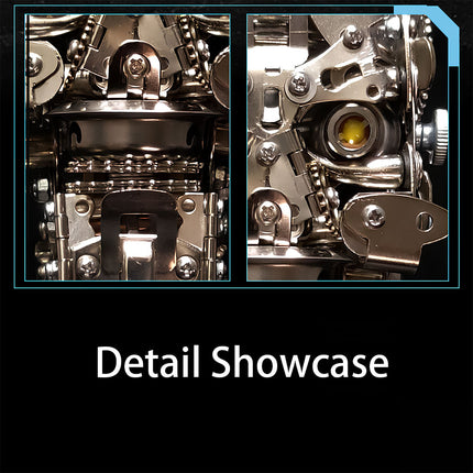 Dual-angle internal detail of DIY 3D puzzle metal model: Metallic structure (left) & glowing component (right), highlighting precision of high-difficulty kit