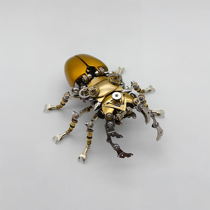 This is a finished steampunk mechanical beetle 3D metal puzzle: Crafted with a gold-silver metal color scheme, it replicates the beetle’s form, featuring a shiny gold curved shell. Gears, axles and other mechanical components are densely arranged on the body and legs, with exquisite craftsmanship and rich details. It highlights a sense of technology and metallic texture via vintage industrial-style elements, serving as a creative and decorative desktop ornament.