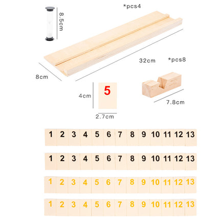 Detailed product dimensions and components of a Rummikub-style board game, including wooden racks, number tiles (1-13 in four colors), and a timer, perfect for a complete funny table game experience.