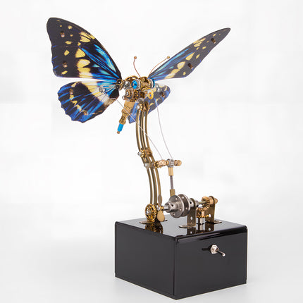 Complete display of a blue-winged steampunk butterfly metal model on its mechanical stand, a magnificent funny table art piece. This DIY 3D puzzle metal kit is a splendid example of interactive mechanical sculpture.