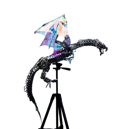 DIY 3D puzzle Metal Kits - "Bloodthirsty Aurora Dragon" metal model with display stand: Iridescent holographic wings, intricate mechanical structure, assembled 3D puzzle metal kit paired with stable stand for creative showcases