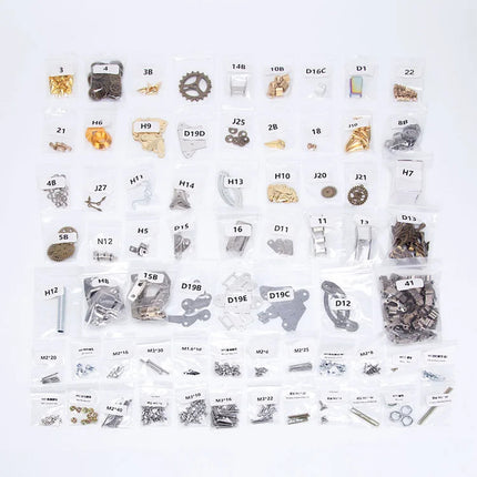 Extensive collection of individually packaged metal components, gears, screws, and decorative pieces for a mechanical steampunk fish 3D puzzle Metal Kit, ready for DIY assembly. This complete set provides all parts needed to build an intricate steampunk puzzle or unique steam punk mech metal model.