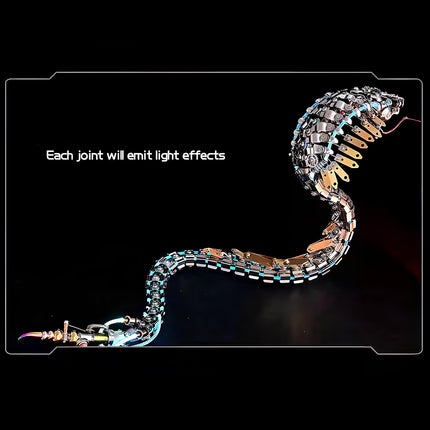  Mechanical metal snake model kit with glowing joints, showcasing impressive light effects on a dark background.