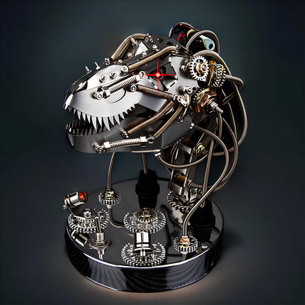 Funny table decor steampunk T-Rex head 3D puzzle metal kit - DIY mechanical metal model with sharp metallic teeth, glowing red LED eye, exposed interlocking gears, flexible braided tubes, and a polished carbon fiber base, designed as a bold desk centerpiece