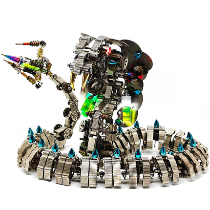 A stunning mechanical cobra metal model kit, featuring intricate metallic puzzle elements and a vibrant steampunk design with glowing details. This 3D metallic puzzle is a striking centerpiece.
