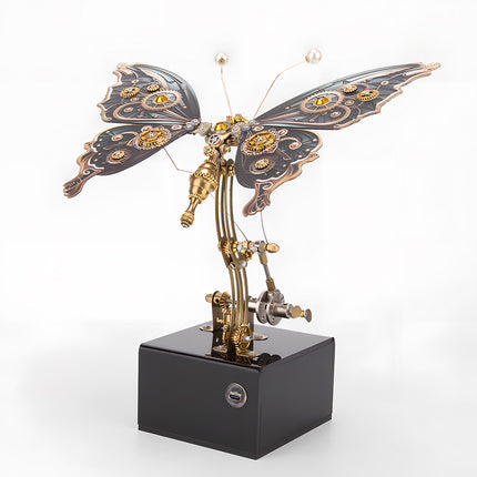 Full view of a majestic steampunk butterfly metal model on a display stand, an exquisite funny table centerpiece. This DIY 3D puzzle metal kit combines intricate design with a sturdy base for elegant presentation."