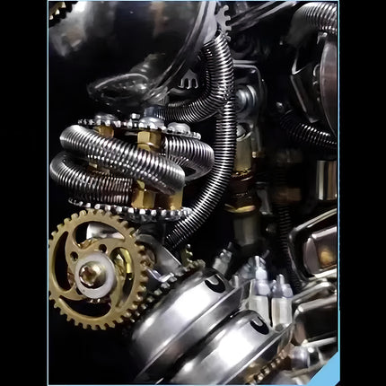 Close-up of intricate mechanical steampunk components, including gears, springs, and metallic structures, part of a larger steam punk mech metal model, highlighting complex 3D puzzle Metal Kits assembly.