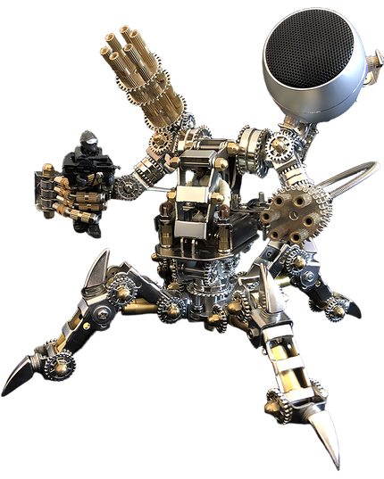 Tablefunny Mechanical Spider Robot Metal Assembly Model, equipped with a Gatling gun and speaker module. This precision Tablefunny tabletop mech features articulated legs and detailed gears, making it an ideal choice for collectors and gamers
