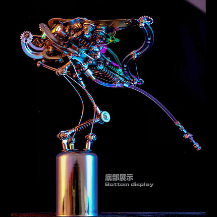  Bottom display of a detailed metal model kit flying creature, highlighting the intricate base and mechanical support of this metallic 3D puzzle / maquette en métal.