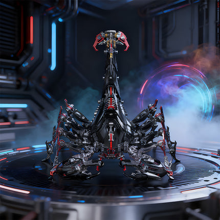 Dynamic mechanical scorpion metal model in a futuristic, smoky environment, showcasing its complex design as a DIY 3D puzzle. This advanced Metal Kits project makes an impressive and funny table display for collectors of intricate metal models
