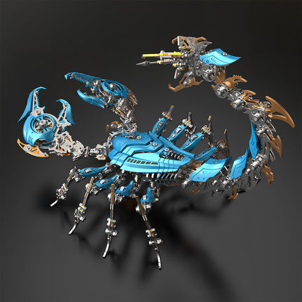 Sleek blue and bronze mechanical scorpion metal model, a striking DIY 3D puzzle with intricate cybernetic details. This unique Metal Kits collectible makes a captivating and funny table display for sci-fi enthusiasts.